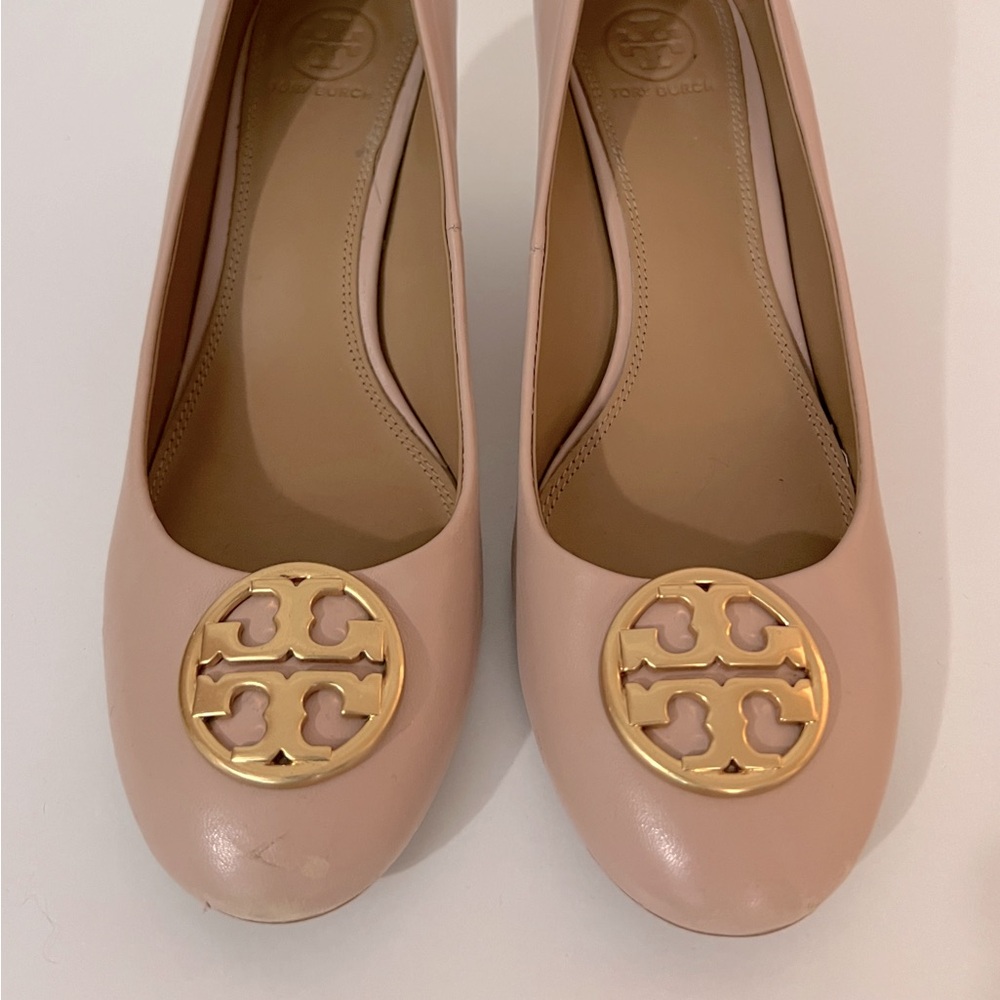 Tory Burch pink leather wedge heels with gold emblem size 8.5